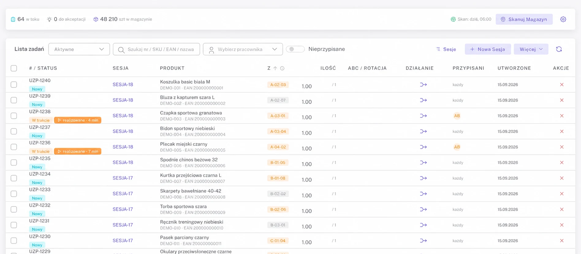 Lista zadań uzupełniania lokalizacji z produktem, lokalizacją i statusem