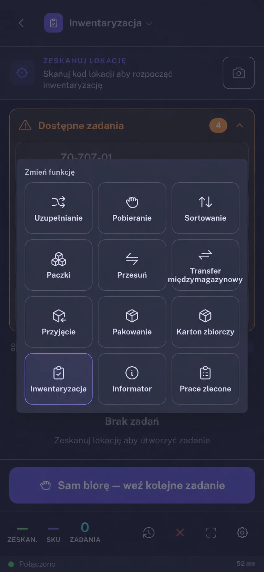 Menu funkcji kolektora NOXTI z pobieraniem, sortowaniem, pakowaniem i inwentaryzacją