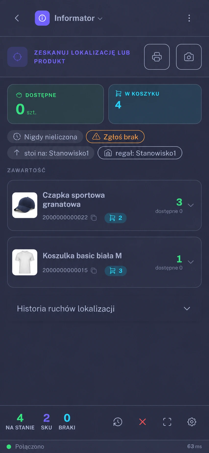 Informator NOXTI: zawartość lokalizacji, dostępne ilości i rezerwacje; przykładowe produkty