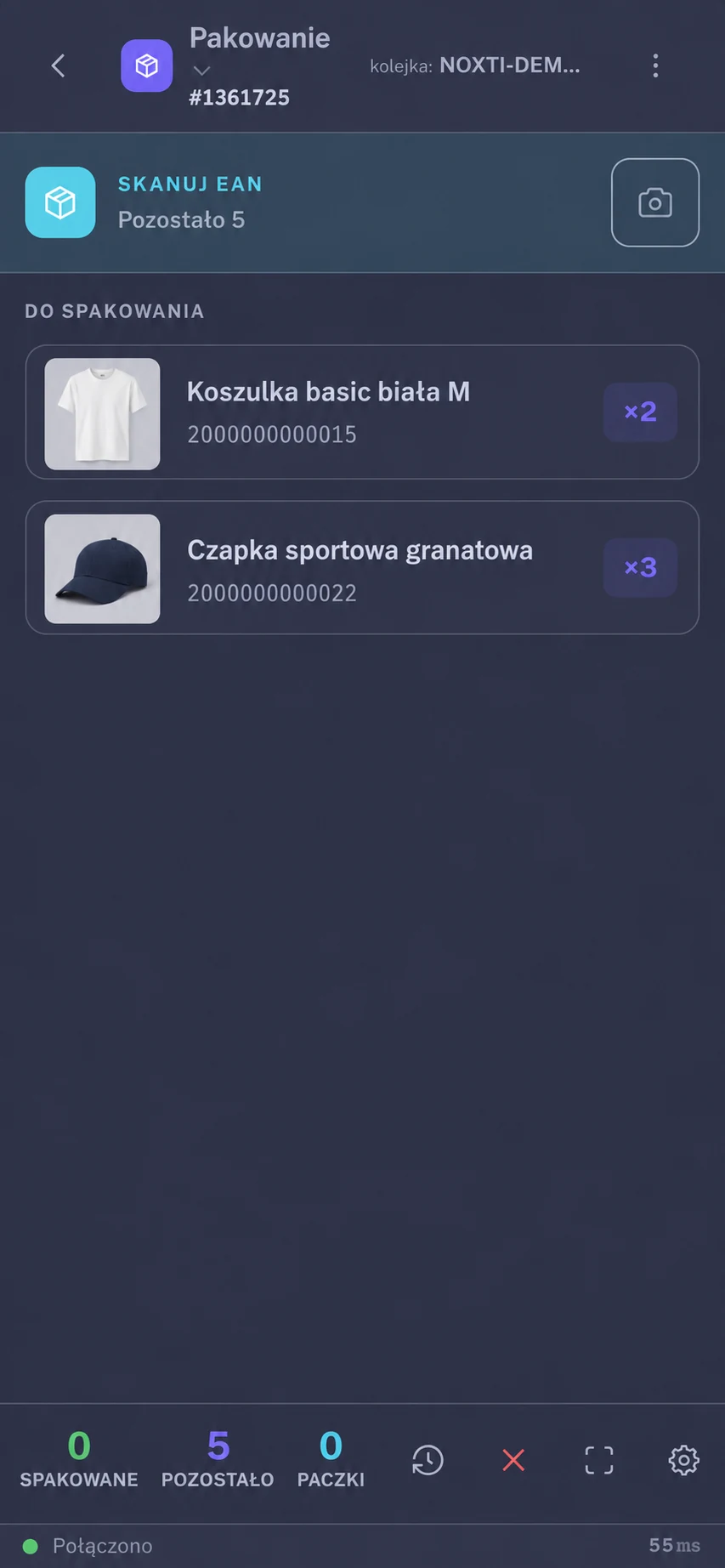Pakowanie NOXTI: lista dwóch produktów i pięciu sztuk do zeskanowania